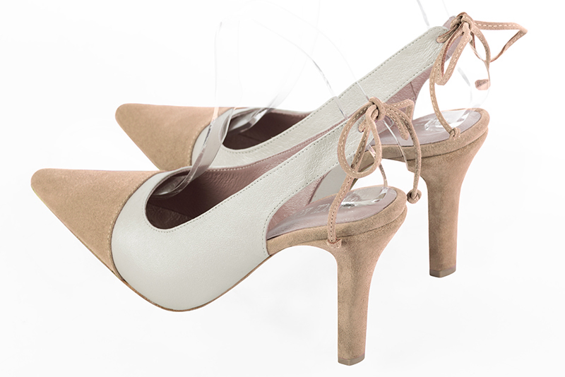 Biscuit beige and pure white women's slingback shoes. Pointed toe. High slim heel. Rear view - Florence KOOIJMAN